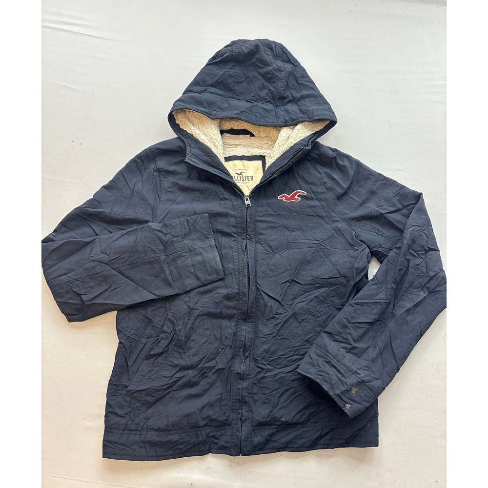 Hollister Mens Medium Navy Blue Faux Shearling Lined Hooded Full Zip Jacket